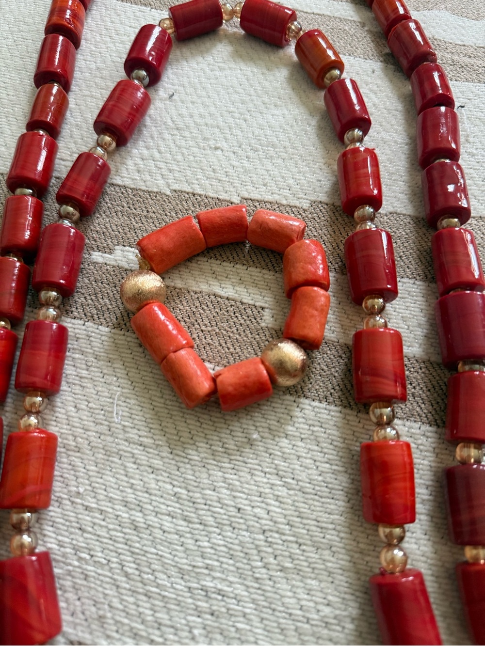 African Handcrafted Coral Bead Necklace & Bracelet Set